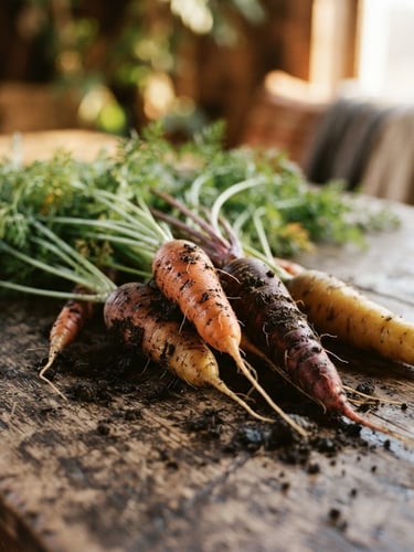 Rustic editorial photography of freshly harvested heirloom carrots with dark soil clinging to the roots, lying on a weathered wooden farm table, early-morning golden hour light, shallow depth of field, 35mm film