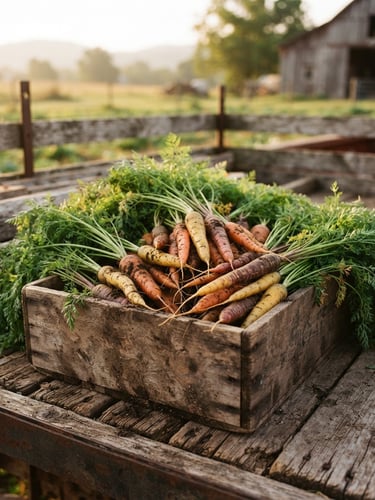 Rustic editorial photography of a wooden harvest crate overflowing with freshly picked heirloom carrots and leafy greens, soil clinging to the roots, resting on a weathered flatbed truck under early-morning golden hour light, shallow depth of field.
