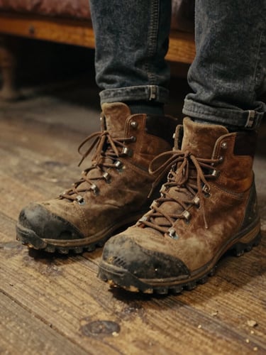 Intimate close-up of dusty leather hiking boots resting on a rustic wooden train floor, warm cinematic light, earthy tones, candid documentary style