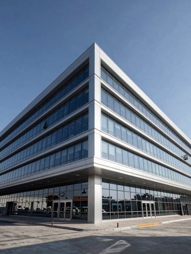 Low-angle architectural perspective of a modern, high-end logistics terminal in Dubai, clean steel and glass structure under crisp daylight, silver highlights, deep navy shadows.