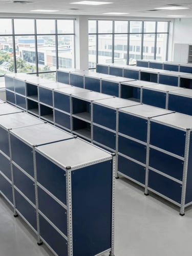 Wide-angle interior of a high-end, clean corporate logistics facility, automated shelving units, cool daylight filtering through high windows, silver and deep navy tones.