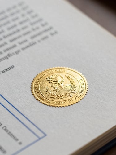 Macro close-up of a heavy legal document with an embossed gold foil seal and official blue ink stamps, soft natural daylight, shallow depth of field.