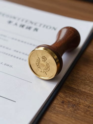 Macro close-up of an official legal document with a gold embossed seal, resting on a heavy oak desk, bright natural daylight, soft shadows