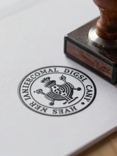 Macro close-up of an official embossed legal stamp being pressed onto thick paper, soft natural office daylight, shallow depth of field.