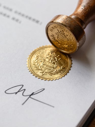 A macro close-up of an official document with an embossed gold seal and ink signature on heavy textured paper, bright natural daylight