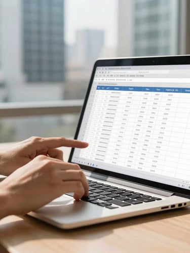 Close-up of hands reviewing a clean spreadsheet on a laptop in a sunlit workspace with architectural details of a modern Indian business district visible in the soft background.
