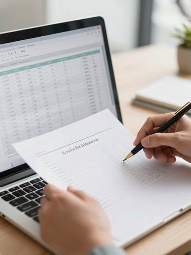 A close-up of a neat workspace in Bengaluru, hands reviewing clean financial spreadsheets on a laptop screen under soft daylight, shallow depth of field.