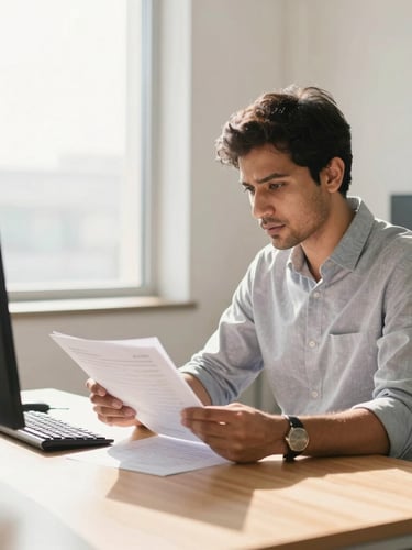 Modern sunlit office interior in Gurugram, a professional consultant reviewing physical documents at a wooden desk, soft natural light, editorial 35mm lens.
