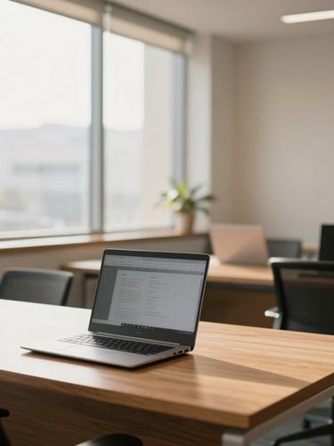 A modern, sunlit office interior in Bengaluru with neat wooden desks, laptops, and large windows casting soft natural light, shallow depth of field, warm editorial photography style.