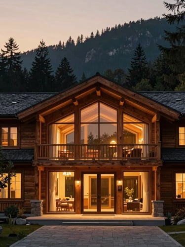 Warm twilight architectural photograph of a luxury mountain cabin entrance, soft glowing light from floor-to-ceiling windows, forest silhouette