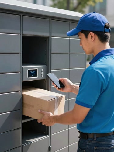 A courier in a clean uniform scanning a package with a smartphone in front of a sleek dark gray smart locker, bright morning light, sharp focus, modern editorial style.