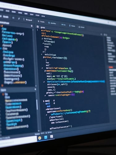 Extreme close-up of a clean digital interface displaying structural code and analytics on a high-resolution monitor, dark studio environment, crisp cobalt blue highlights.