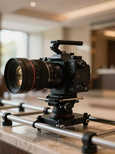 Cinematic close-up of a high-end camera rig on a tracking rail inside a luxury hotel lobby, warm directional morning light, soft background blur.
