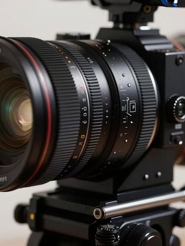 Cinematic close-up of a high-end cinema camera lens dial, dramatic high-contrast directional lighting, deep shadows, clean glass highlights, professional studio environment.