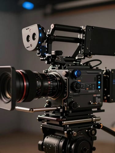Cinematic close-up of a high-end cinema camera rig on a dimly lit studio set, focus on mechanical lens dials, deep shadows, subtle blue accent light in background.