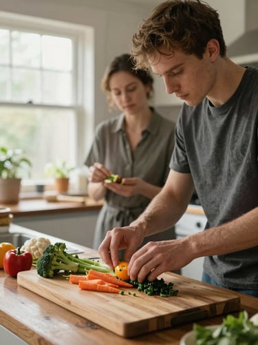 A young adult preparing a meal in a modest kitchen, natural light through a window, hands arranging vegetables on a wooden chopping board, a support worker visible in the background giving space rather than intervening, warm domestic atmosphere