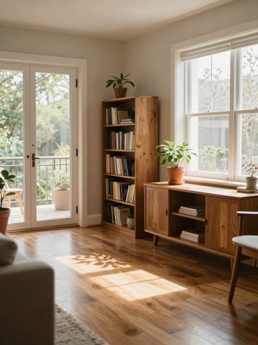 Wide environmental shot of a calm residential common room in natural daylight — warm wood furniture, a bookshelf, a potted plant on a windowsill, soft morning light falling across the floor from large windows; no people present, the space reads as lived-in and unhurried