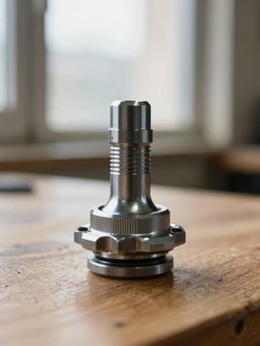 Crisp macro photography of a hardened steel bottom bracket on a clean wooden workbench, directional workshop window light, shallow depth of field