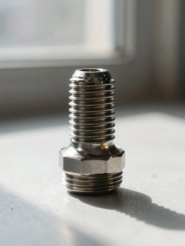 Crisp macro photography of clean steel bottom bracket threads, high-contrast workshop window light casting sharp shadows, shallow depth of field, 50mm