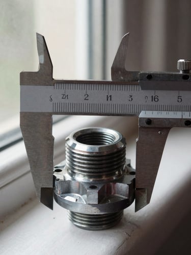 Crisp macro photography of a vintage steel bicycle bottom bracket shell, showing clean internal threads, vernier caliper measuring the diameter, natural workshop window light, shallow depth of field