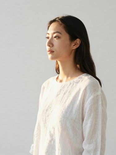 Luminous editorial portrait of a woman in minimalist white linen, soft golden-hour light shining from the side, clean negative space, 35mm