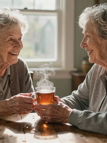 Close-up of human connection in a warm Taunton home. An elderly woman and her local carer are sitting together at a rustic wooden table, smiling warmly. Soft morning sunlight streams through a nearby window, highlighting a steaming mug of tea held between them.