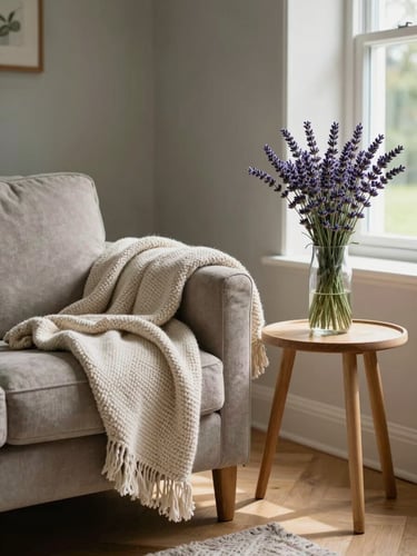 A peaceful, sunlit living room corner in a Somerset home. A comfortable armchair with a soft woven throw blanket sits beside a small wooden table holding a vase of fresh lavender. Natural daylight creates a calm, reassuring atmosphere.