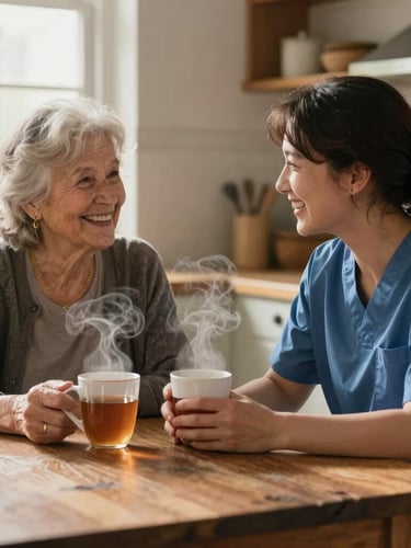 A carer and an elderly woman sitting together at a rustic kitchen table, sharing a warm laugh over two steaming mugs of tea, soft daylight streaming through a window.