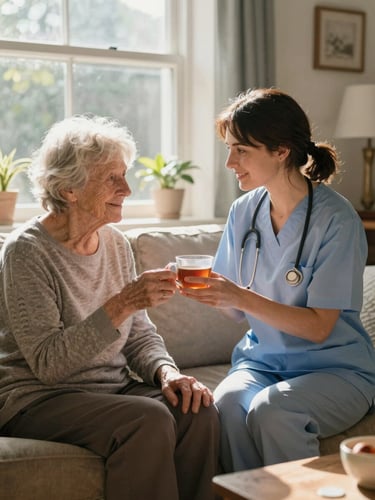 A carer and an elderly client sitting together in a sunlit Taunton living room, sharing a warm mug of tea, soft morning light streaming through a window, comfortable domestic setting.