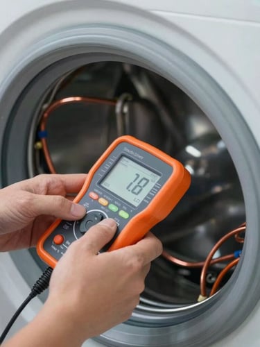 Close-up shot of a technician's hands using a digital diagnostic meter on a washing machine's copper wiring, crisp industrial focus, safety orange accents, bright utility lighting.
