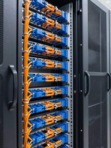 Crisp close-up of a perfectly organized server rack with blue and orange structured ethernet cabling, clean management, high-contrast lighting.