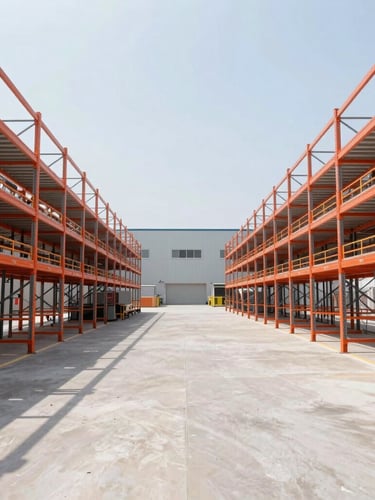 Symmetrical architectural shot of a newly completed clean industrial warehouse with bright orange steel racking systems, high-contrast cool daylight, wide-angle lens