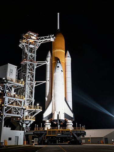 Wide cinematic shot of the Space Launch System rocket standing on the Kennedy Space Center launchpad under dramatic searchlights at night, high-contrast, stark white and deep space black, 70mm anamorphic.