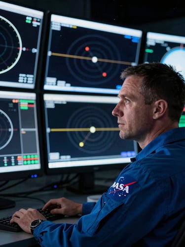Close-up of a NASA flight controller sitting in the Mission Control Center, multiple glowing telemetry screens displaying orbital paths, focused expression, cool blue laboratory lighting.