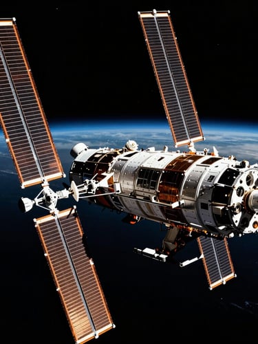 Close-up of the Orion spacecraft in deep space, sunlight glinting off its metallic solar arrays, the curved blue horizon of Earth visible in the distant background, high-contrast crisp aerospace photography