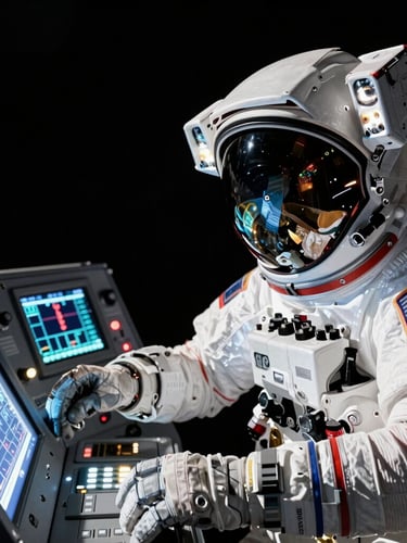 Close-up of an astronaut's hands on the glowing control panels inside an Orion spacecraft simulator, sharp technical displays reflecting off the helmet visor, cinematic lighting.