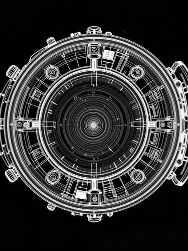 Technical blueprint line drawing of the Orion spacecraft interior, clean white lines on deep space black background, stark high-contrast vector style, 70mm anamorphic lens