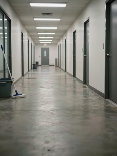 Wide-angle view down a commercial office building hallway, mid-cleaning — a mop and bucket visible to the left edge, overhead fluorescent lighting casting even illumination across polished concrete floors, empty corridor extending to a far door, shot from low angle to emphasize floor expanse and operational scope