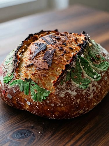 Close-up of freshly baked sourdough bread on a dark wooden table, soft natural Scandinavian side light, rich warm tones, shallow depth of field, 35mm photography