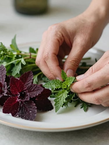 Close-up of hands arranging fresh herbs on a beautifully styled plate, soft natural Scandinavian daylight, rich crimson and forest green tones, shallow depth of field, 35mm
