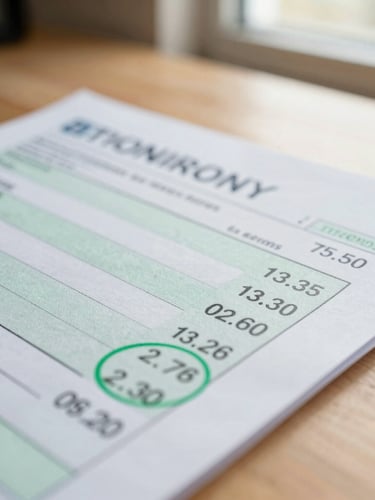 A tight macro shot of a paper utility bill on a wooden desk, with neat green pen circles around the monthly total rate, warm natural window light.