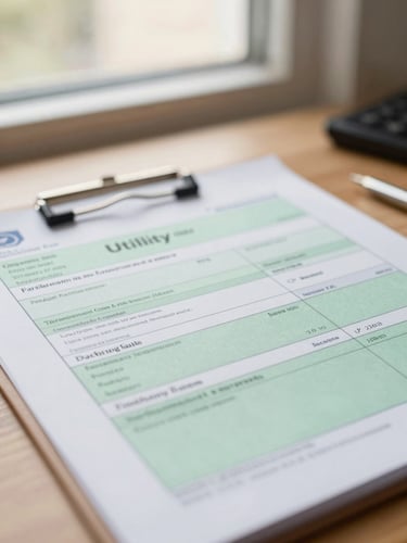 Close-up of a professional desk with a neatly marked utility bill, warm natural window light, shallow depth of field, 35mm