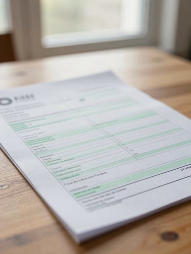 Close-up of a paper utility bill with neat green pen markings on a wooden desk, bright natural window light, shallow depth of field, 35mm.