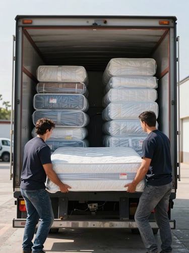 Wide loading bay shot: two movers carrying a wrapped mattress up a truck ramp, organized stacks of padded furniture visible inside the truck, natural daylight from open bay doors, charcoal truck interior