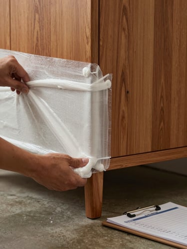 Close-up wide shot of hands applying thick protective foam wrap around the corner of a solid wood cabinet, soft diffused studio light from the left, the wrapping material texture sharp in the foreground, a clipboard with a printed checklist resting against the cabinet leg in the lower right corner, warm gray concrete floor visible beneath