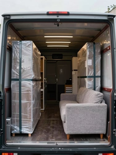 Wide panoramic view inside a moving truck cargo hold, neatly wrapped furniture pieces secured with straps against padded walls, a single sofa and wardrobe visible in the foreground, soft diffused light from the open rear doors, no people