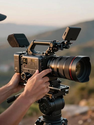 Close-up of a travel creator's hands adjusting a cinema camera mounted on a compact rig, golden hour light raking across the lens and metal body, shallow depth of field, destination landscape softly blurred behind