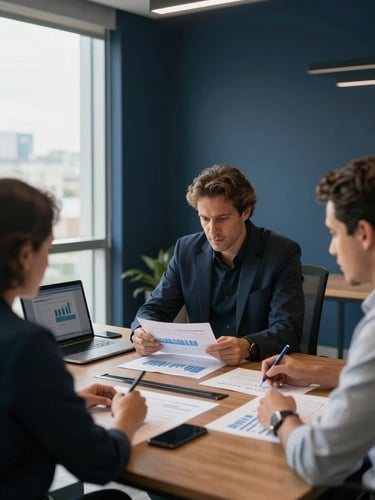 Wide environmental shot of a focused team meeting in a modern Brazilian office — two professionals reviewing printed financial reports on a conference table, natural north-facing window light, documents and laptop screen visible, over-shoulder angle, deep navy tones in the background