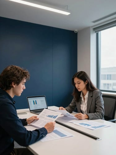 Wide-angle office interior, two professionals seated at a conference table reviewing printed financial reports, overhead fluorescent and natural window light, documents and laptop screen visible, shot from a side angle, deep navy wall in background, right third of frame