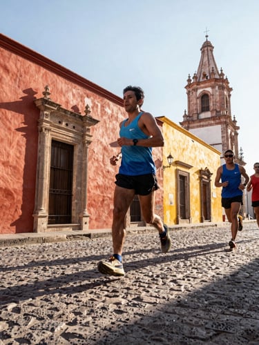 Low-angle action shot of runners in motion on a historic cobblestone street of Querétaro, bright early morning sunlight casting long shadows, vibrant athletic photography, 35mm